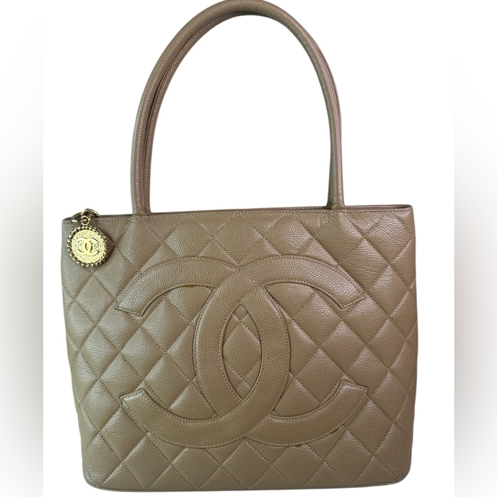 Chanel Beige Caviar Medallion Quilted Tote with Gold Charm